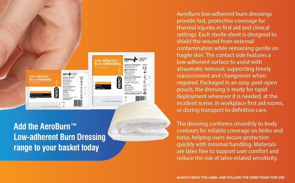 AeroBurn low-adherent burn dressings provide fast, protective coverage for thermal injuries in first aid and clinical settings. Each sterile sheet is designed to shield the wound from external contamination while remaining gentle on fragile skin. The contact side features a low-adherent surface to assist with atraumatic removal, supporting timely reassessment and changeover when required. Packaged in an easy, peel-open pouch, the dressing is ready for rapid deployment wherever it is needed, at the incident scene, in workplace first aid rooms, or during transport to definitive care.
The dressing conforms smoothly to body contours for reliable coverage on limbs and torso, helping users secure protection quickly with minimal handling. Materials are latex free to support user comfort and reduce the risk of latex-related sensitivity. Add the AeroBurn™ Low-adherent Burn Dressing range to your basket today