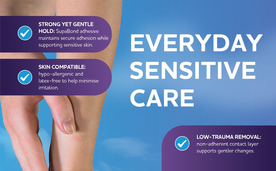 Everyday Sensitive Care
Strong yet gentle hold: SupaBond adhesive maintains secure adhesion while supporting sensitive skin.
Skin compatible: hypo‑allergenic and latex‑free to help minimise irritation.
Low‑trauma removal: non‑adherent contact layer supports gentler changes.