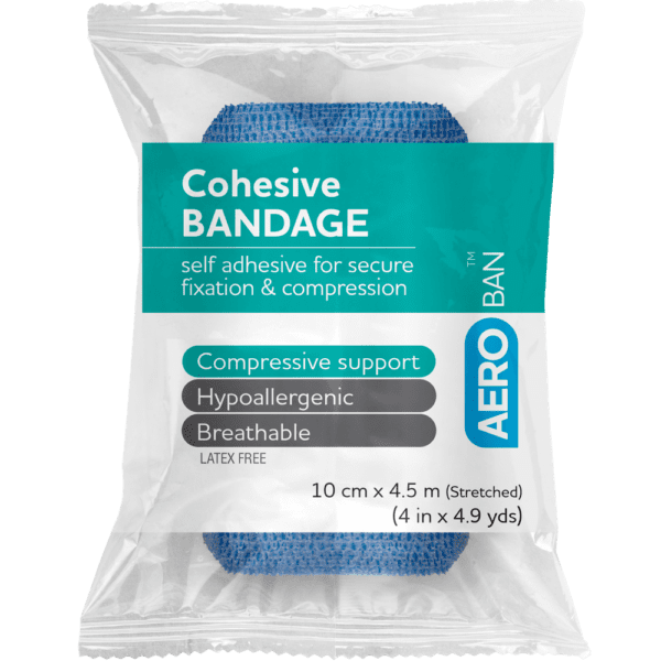 AEROBAN Blue Cohesive Bandage 10cm x 4.5M Wrap/12 - Customers also search for: CoWrap COB051 CoWrap Cohesive Bandage,E.Z. BAN ECB1581-BC E.Z. Ban Wrap Cohesive Elastic Bandage,2.5cm x 2 metres stretch to 4.5 metres,Blue,Each,E.Z. Ban ECB1581-B E.Z. Ban Wrap Cohesive Elastic Bandage,30 per Box,Trafalgar 21581B COBAN 25MMX2M COHESIVE BLUE,PP701 Ez Ban Cohesive Bandage White 2.5cmx4.5m Stretched