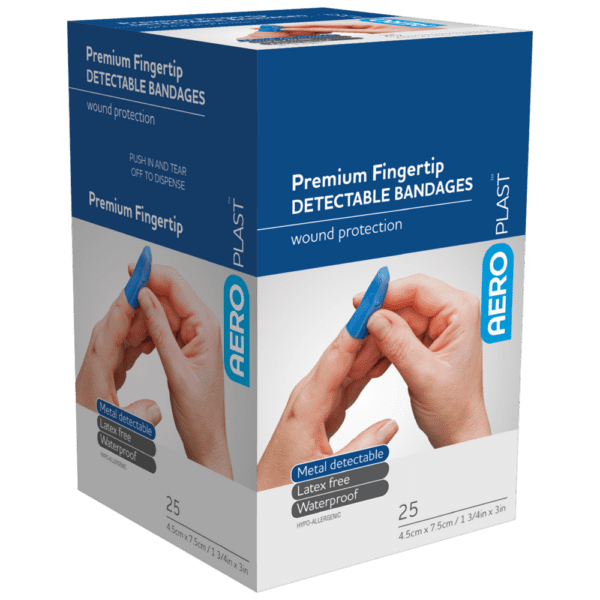 AEROPLAST Premium Detectable Fingertip Dressing 7.5 x 4.5cm Box/25 - Customers also search for: bandaid,P3 P3,Food Grade Plasters,Metal and Visual Detectable,50pk