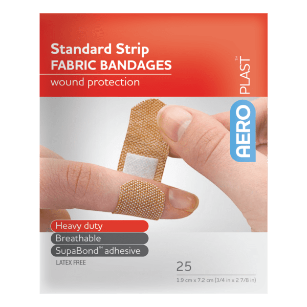 AEROPLAST Premium Fabric Standard Strip 7.2 x 1.9cm Env/25 - Customers also search for: bandaid,fabric strip,First Aid Only H119 3/4"x3" Heavy Woven Fabric Bandages,100/box,Medique 61433 7/8" x 3" Flexible HW Strip Bandages,Trafalgar 42510 ELASTOPLAST FABRIC STRIPS PK100,P13 P13,Adhesive Plasters,Fabric,72 x 19mm,100pk,44003 Bandaid  Dressing Strip 7.5cm x 1m,BAF501 AEROPLAST Fabric Dressing Strips 100 pack