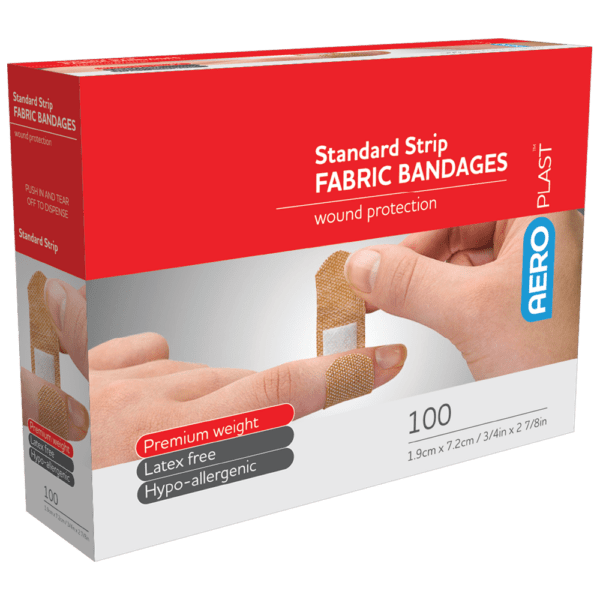 AEROPLAST Premium Fabric Standard Strip 7.2 x 1.9cm Box/100 - Customers also search for: bandaid,fabric strip,First Aid Only H119 3/4"x3" Heavy Woven Fabric Bandages,100/box,Medique 61433 7/8" x 3" Flexible HW Strip Bandages,Trafalgar 42510 ELASTOPLAST FABRIC STRIPS PK100,P13 P13,Adhesive Plasters,Fabric,72 x 19mm,100pk,44003 Bandaid  Dressing Strip 7.5cm x 1m,BAF501 AEROPLAST Fabric Dressing Strips 100 pack