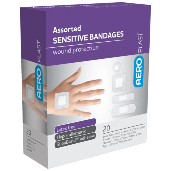 AEROPLAST Sensitive Assorted Dressings Box/20 - Customers also search for: bandaid,Elastoplast 2422 E/Plast 02422 Sens Strp Asstd 40,Elastoplast 46041 E/Plast 46041 Sens Asstd 20,Leukoplast 7646400 Leukomed  T skin sensitive,Trafalgar 36115 ELASTOPLAST SENSITIVE STRIPS PK20,69027 Bandaid  Sensitive Skin Assorted pk20,APS104 Assorted Sensistive Film dressings,7617801 Leukomed  T plus skin sensitive