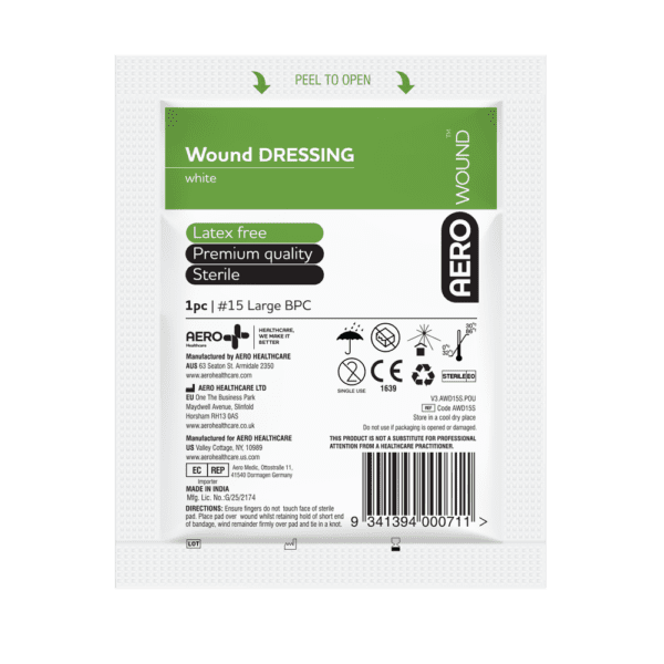 AEROWOUND #15 Wound Dressing 18 x 18cm Bag/12 - Customers also search for: First Aid Only 2-006-001 2" Hema-Flex Bandage Compress,4/box,First Aiders Choice 856731 Wound Dressings,Sentry WD001 Wound Dressing No.13,D6 D6,Wound Dressing,No.13,1pk,D6-BULK D6-BULK,10pk,22900 No. 13 Wound Dressing,AWDS Wound Dressings  Sterile,2080 Wound Dressing No.13,13070030 Bodichek Wound Dressing,10204048 Wound Dressing No. 13 Small