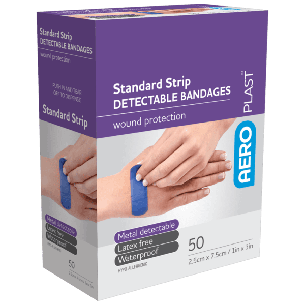 AEROPLAST Standard Detectable Strips 7.5 x 2.5cm Box/50 - Customers also search for: S641 Aeroplast Blu Dtcbl Strips 25Mm Pkt 100,S643 Blu Coverplast Visl PK100 S71300-06,69041 Bandaid  Blue Detectable pk100