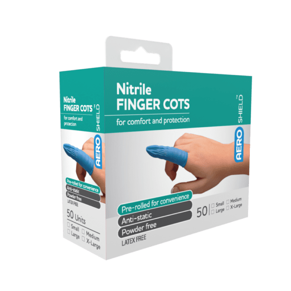 AEROSHIELD Medium Nitrile Finger Cots Box/50 - Customers also search for: Trafalgar 34111 FINGER COTS LATEX SML 100,SB240 Surgical Basics Finger Stall Small