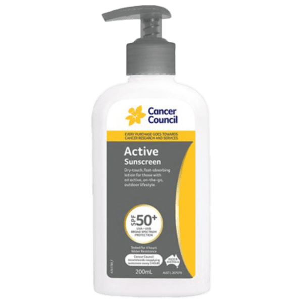 CANCER COUNCIL SPF50+ Active Sunscreen Pump 200mL - Customers also search for: A50616 Ultra Protect SPF50+ Sunscreen Bundle,11502016 Hamilton Sunscreen 50+ 1L