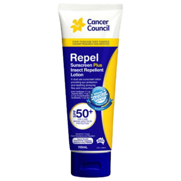 CANCER COUNCIL SPF50+ Repel Sunscreen+Insect Repellent Tube 110mL - Customers also search for: Ultra Protect 880320 Ultra Protect 50+ Sunscreen with Insect Repellent 125g,00638A 30+ Sunscreen Lotion with Insect Repellant 125g,90137390 Cancer Council Repel SPF 50+ Sunscreen 110 mL,SS-110-IR-50P