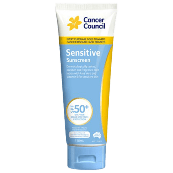 CANCER COUNCIL SPF50+ Sensitive Sunscreen Tube 110mL - Customers also search for: A50616 Ultra Protect SPF50+ Sunscreen Bundle,11502016 Hamilton Sunscreen 50+ 1L