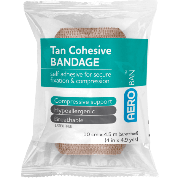 AEROBAN Tan Cohesive Bandage 10cm x 4.5M Wrap/12 - Customers also search for: E.Z. BAN ECB1581-SCLF E.Z. Ban Wrap Cohesive Elastic Bandage,2.5cm x 2 metres stretch to 4.5 metres,Tan,Each