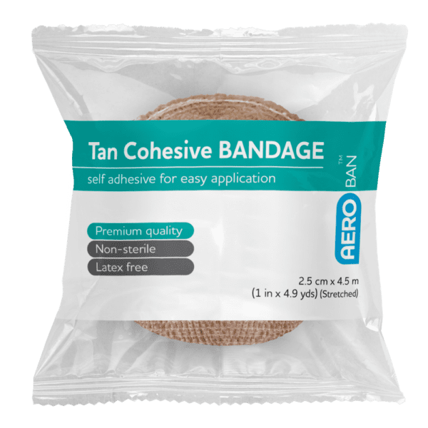 AEROBAN Tan Cohesive Bandage 2.5cm x 4.5M Wrap/12 - Customers also search for: E.Z. BAN ECB1581-SCLF E.Z. Ban Wrap Cohesive Elastic Bandage,2.5cm x 2 metres stretch to 4.5 metres,Tan,Each