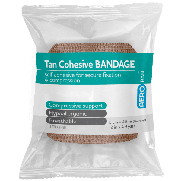 AEROBAN Tan Cohesive Bandage 5.0cm x 4.5M Wrap/12 - Customers also search for: E.Z. BAN ECB1581-SCLF E.Z. Ban Wrap Cohesive Elastic Bandage,2.5cm x 2 metres stretch to 4.5 metres,Tan,Each