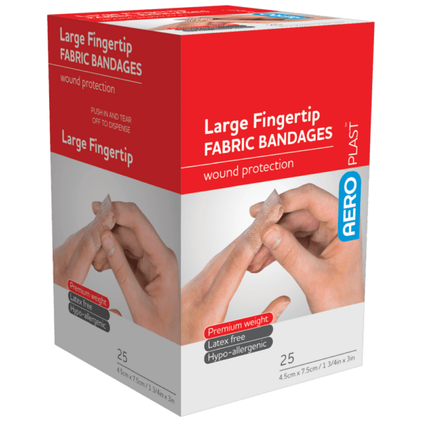 AEROPLAST Premium Fabric Large Fingertip 7.5 x 4.5cm Box/25 - Customers also search for: bandaid,fabric strip,First Aid Only H119 3/4"x3" Heavy Woven Fabric Bandages,100/box,Medique 61433 7/8" x 3" Flexible HW Strip Bandages,Trafalgar 42510 ELASTOPLAST FABRIC STRIPS PK100,P13 P13,Adhesive Plasters,Fabric,72 x 19mm,100pk,44003 Bandaid  Dressing Strip 7.5cm x 1m,BAF501 AEROPLAST Fabric Dressing Strips 100 pack