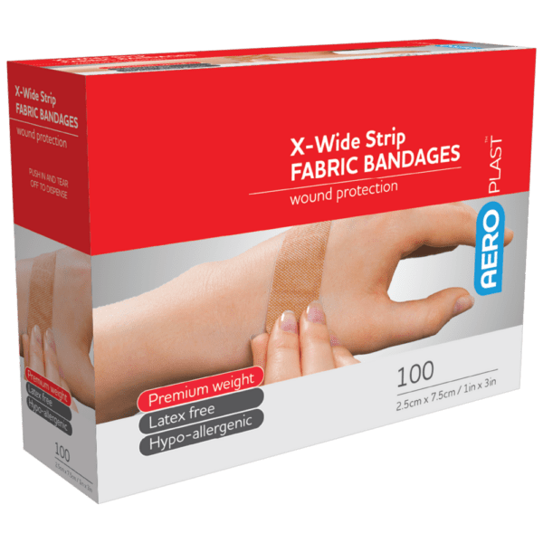 AEROPLAST Premium Fabric X-Wide Strip 7.5 x 2.5cm Box/100 - Customers also search for: bandaid,fabric strip,First Aid Only H119 3/4"x3" Heavy Woven Fabric Bandages,100/box,Medique 61433 7/8" x 3" Flexible HW Strip Bandages,Trafalgar 42510 ELASTOPLAST FABRIC STRIPS PK100,P13 P13,Adhesive Plasters,Fabric,72 x 19mm,100pk,44003 Bandaid  Dressing Strip 7.5cm x 1m,BAF501 AEROPLAST Fabric Dressing Strips 100 pack