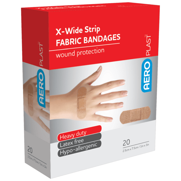 AEROPLAST Premium Fabric X-Wide Strip 7.5 x 2.5cm Box/20 - Customers also search for: bandaid,fabric strip,First Aid Only H119 3/4"x3" Heavy Woven Fabric Bandages,100/box,Medique 61433 7/8" x 3" Flexible HW Strip Bandages,Trafalgar 42510 ELASTOPLAST FABRIC STRIPS PK100,P13 P13,Adhesive Plasters,Fabric,72 x 19mm,100pk,44003 Bandaid  Dressing Strip 7.5cm x 1m,BAF501 AEROPLAST Fabric Dressing Strips 100 pack