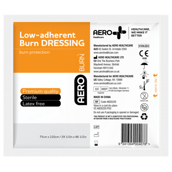 AEROBURN Low-Adherent Burn Dressing 75 x 220cm - Customers also search for: Livingstone LBS220X75 Livingstone Burn Sheet,70 Percent Viscose,30 Percent Polyester,220 x 75 cm,White,Sterile,Each,Mediam NAL004 Mediam 135 Low Adherent Dressing,Sentry BD001 Burns Dressing,Sentry BS220X70 Sentry Burn Sheet,220 x 75cm,Trafalgar 37375 BURNS STERILE DRESSING 70X220CM,2110 Burns Dressing - 70cm x220cm