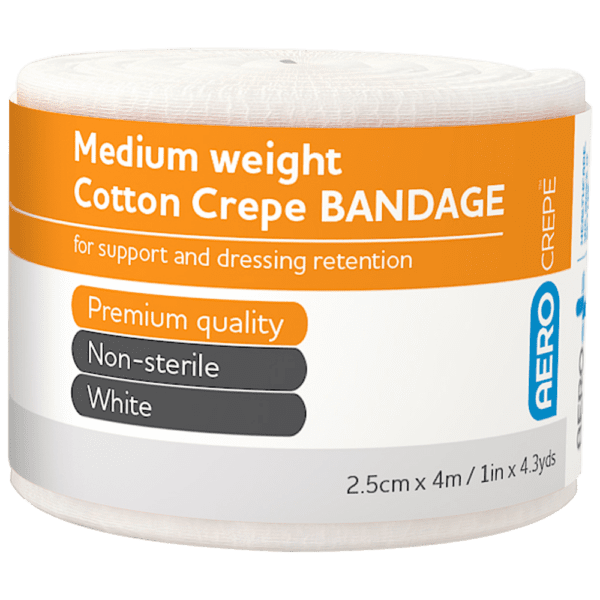 AEROCREPE Medium Cotton Crepe Bandage 2.5cm x 4M Wrap/12 - Customers also search for: baremedical 2309125 Bandage Crepe 10Cm X 1.5M Cotton White N/S Unstretched,Lymphlex LOR003 Lymphlex Short Stretch Compression Bandage,MEDICREPE ACC004 MEDICREPE Cotton Crepe Bandage  Unstretched,Sentry ACC001,Surviv-A-Wrap CRBW100S Surviv-a-wrap Crepe Bandage,Medium Weight,10cm x 4 metres,Wrinkled,12 per Pack,Surviv-A-Wrap CRBW100SL Surviv-a-wrap Crepe Bandage,Loose Roll Only,SURVIVAL CREPE Pressure bandage,medium weight,10cm x 1.8m unstretched,Trafalgar 856723 Medium Support Crepe Bandages - 10cm x 2m,Universal Choice CRBW100UB1L Universal Crepe Bandage,10cm x 1.8m Unstretched,4m Stretched,Loose,A37607 First Aiders Choice Fac Medium Support Crepe Bandage W10cm,21230 Crepe Medium 10cm x 2m,1060 Heavy Crepe Bandage -10cm x 1.5m,1085 Medium Crepe Bandage -10cm x 1.5m,12604213 Healband Crepe Bandage Medium Cotton,SB665 Surgical Basics Crepe Bandage 10cm X 1.6m,10301014 Crepe Bandage Medium 10cm