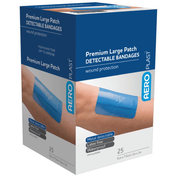 AEROPLAST Premium Detectable Large Patch 7.5 x 5cm Box/25 - Customers also search for: bandaid,P3 P3,Food Grade Plasters,Metal and Visual Detectable,50pk