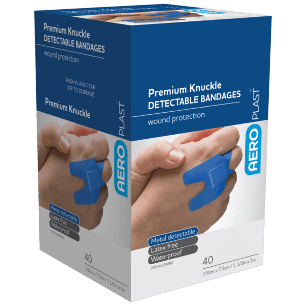 AEROPLAST Premium Detectable Knuckle Dressings 7.5 x 3.8cm Box/40 - Customers also search for: bandaid,P3 P3,Food Grade Plasters,Metal and Visual Detectable,50pk