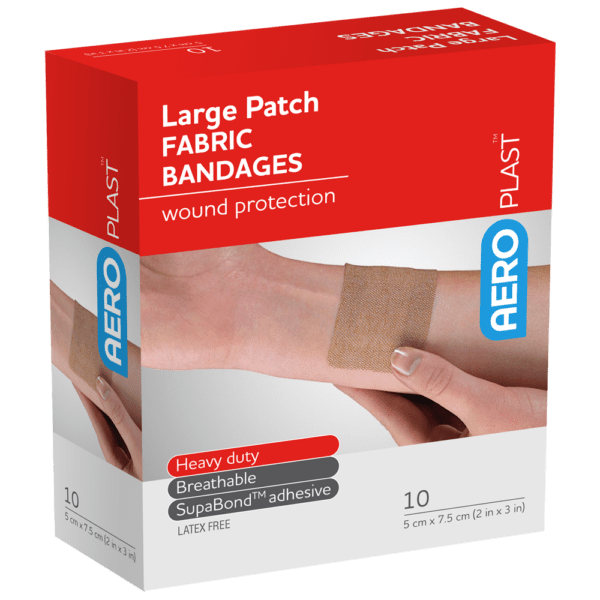 AEROPLAST Premium Fabric Large Patch 7.5 x 5cm Box/10 - Customers also search for: bandaid,fabric strip,First Aid Only H119 3/4"x3" Heavy Woven Fabric Bandages,100/box,Medique 61433 7/8" x 3" Flexible HW Strip Bandages,Trafalgar 42510 ELASTOPLAST FABRIC STRIPS PK100,P13 P13,Adhesive Plasters,Fabric,72 x 19mm,100pk,44003 Bandaid  Dressing Strip 7.5cm x 1m,BAF501 AEROPLAST Fabric Dressing Strips 100 pack