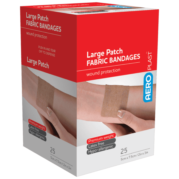 AEROPLAST Premium Fabric Large Patch 7.5 x 5cm Box/25 - Customers also search for: bandaid,fabric strip,First Aid Only H119 3/4"x3" Heavy Woven Fabric Bandages,100/box,Medique 61433 7/8" x 3" Flexible HW Strip Bandages,Trafalgar 42510 ELASTOPLAST FABRIC STRIPS PK100,P13 P13,Adhesive Plasters,Fabric,72 x 19mm,100pk,44003 Bandaid  Dressing Strip 7.5cm x 1m,BAF501 AEROPLAST Fabric Dressing Strips 100 pack