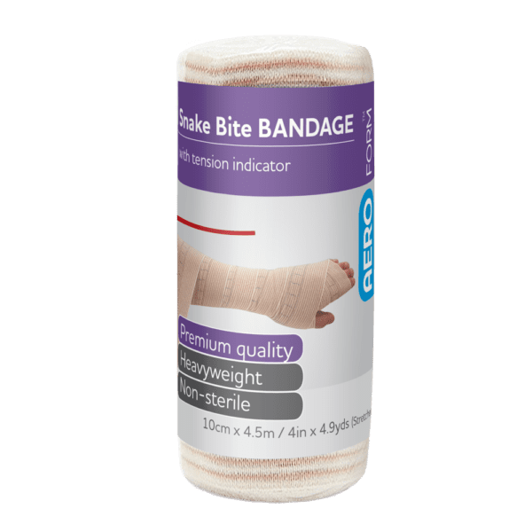 AEROFORM Short Snake Bite Bandage with Indicator 10cm x 4.5M Wrap/12 - Customers also search for: Smith & Nephew 36361486 Primacrepe Band Hvy Tan 15cm x 2.3m,SURVIVAL SMART SMART Bandage (Snakes & Funnel-webs),Trafalgar 102820 First Aiders Choice - Snake Indicator Bandage,EB100 Evo-Bandage Premium Snake Bite Bandage,10cm,Latex Free,A49956 Snake Bite Indicator Bandage,SNAKEBDG Snake Bite Bandage with stretch indicator,106403 Bandage Snake Bite 10cm x 10.5m,SB905 Snake Bite Bandage 10cmx10.5m Tension Indicator,10301055 Snake Bite Bandage with Indicators 10cm x 10.5m