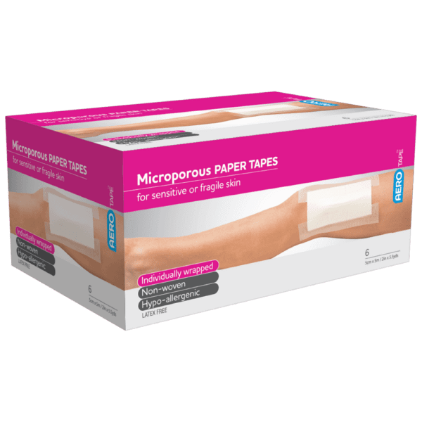 AEROTAPE White Microporous Paper Tape 5cm x 5M Box/6 - Customers also search for: surgical tape,3M 1530-A 3M Micropore Surgical Paper Tape,Latex Free,12mm x 9.1 metres,Biodegradable,White Colour,24 per Box,3M 70071360070 Nexcare P/T 529 P1/2 12.5mm x24 Tan,3M 70071221686 Nexcare P/T P1/2 12.5mm x24,Livingstone TSLP13X9DIS Liv-Pore Premium Microporous Biodegradable Surgical Paper Tape,13mm x 9 metres,12 Dispensers per Box,Medstock MS125PHA MedStock MprsSurgTape1.25cmx9.1mx24,Sentry HYP001 Paper Tape,54950 Tape Paper  2.5cm x 9.1m,10108111 S+M Hypoallergenic Paper Tape Surgipore,10401001 Hypoallergenic Paper Tape 1.25cm