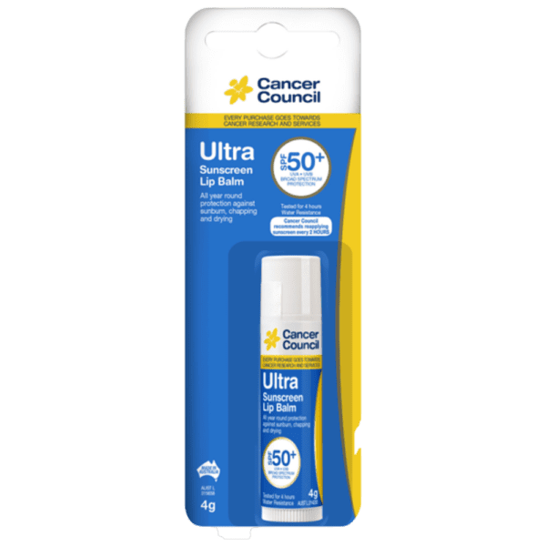 CANCER COUNCIL SPF50+ Ultra Lip Balm 4g - Customers also search for: A43305 Ego Lip Balm Sunsense Sunscreen SPF 50+ 15g Applicator,25091 Blistex Ultra Lip Balm SPF 30+,25096 50+ ProBloc Lip Balm 4g,00683A 50+ Ultra Protect Lip Balm 12g,90158676 Cancer Council Ultra SPF50+ Lip Balm Clear