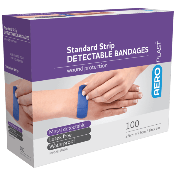 AEROPLAST Standard Detectable Strips 7.5 x 2.5cm Box/100 - Customers also search for: S641 Aeroplast Blu Dtcbl Strips 25Mm Pkt 100,S643 Blu Coverplast Visl PK100 S71300-06,69041 Bandaid  Blue Detectable pk100