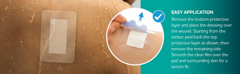 EASY APPLICATION
Remove the bottom protective layer and place the dressing over the wound. Starting from the center, peel back the top protective layer as shown, then remove the remaining side. Smooth the clear film over the pad and surrounding skin for a secure fit.