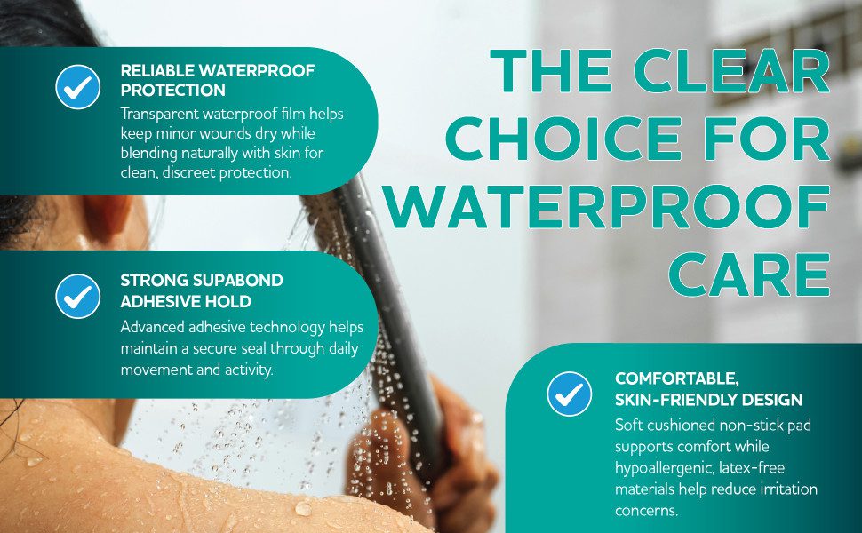 The Clear Choice for Waterproof Care
Reliable Waterproof Protection
Transparent waterproof film helps keep minor wounds dry while blending naturally with skin for clean, discreet protection.
Strong SupaBond Adhesive Hold
Advanced adhesive technology helps maintain a secure seal through daily movement and activity.
Comfortable, Skin-Friendly Design
Soft cushioned non-stick pad supports comfort while hypoallergenic, latex-free materials help reduce irritation concerns.